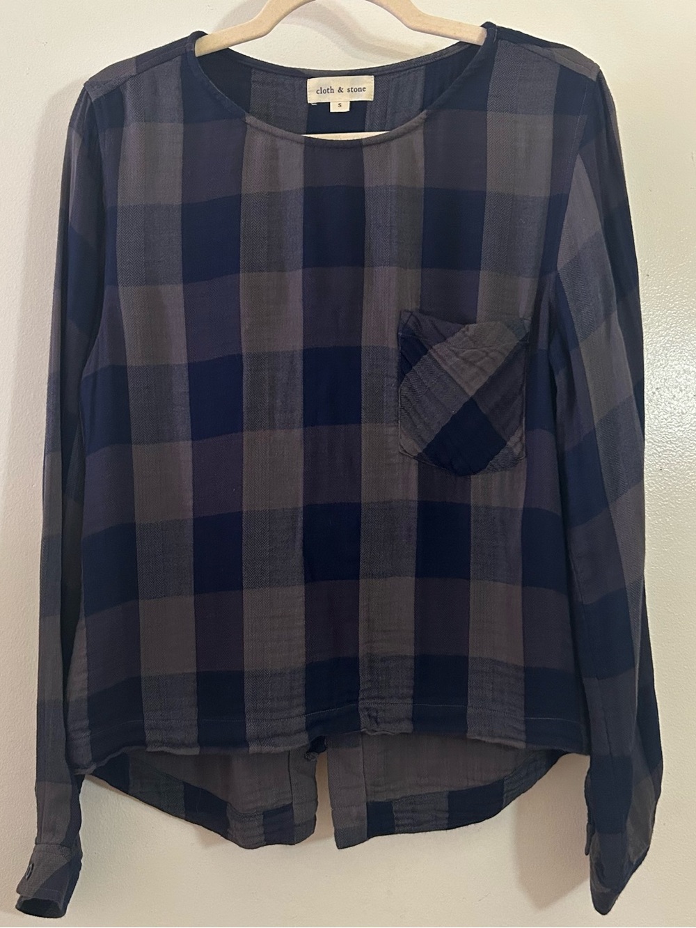 Cloth & Stone Blue Black Buffalo Plaid Lace Up Back Long Sleeve Shirt Sz Small S